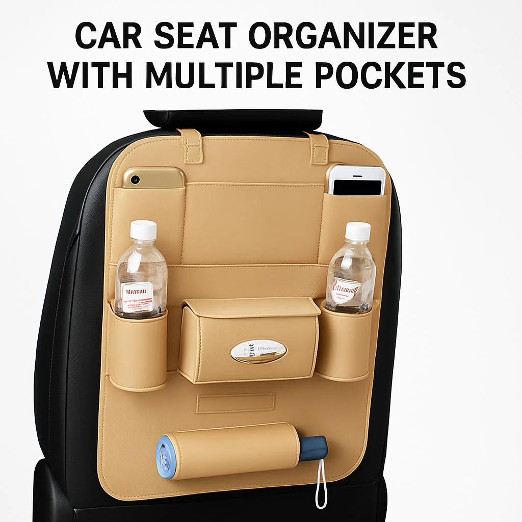 Brown Rectangular Car Seat Organizer with Multiple Pockets - Image 7