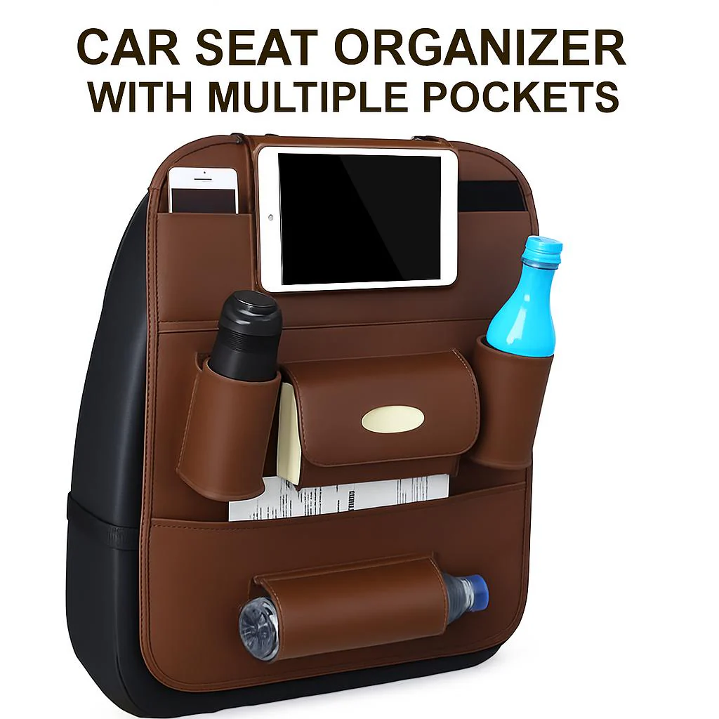 Brown Rectangular Car Seat Organizer with Multiple Pockets - Image 8