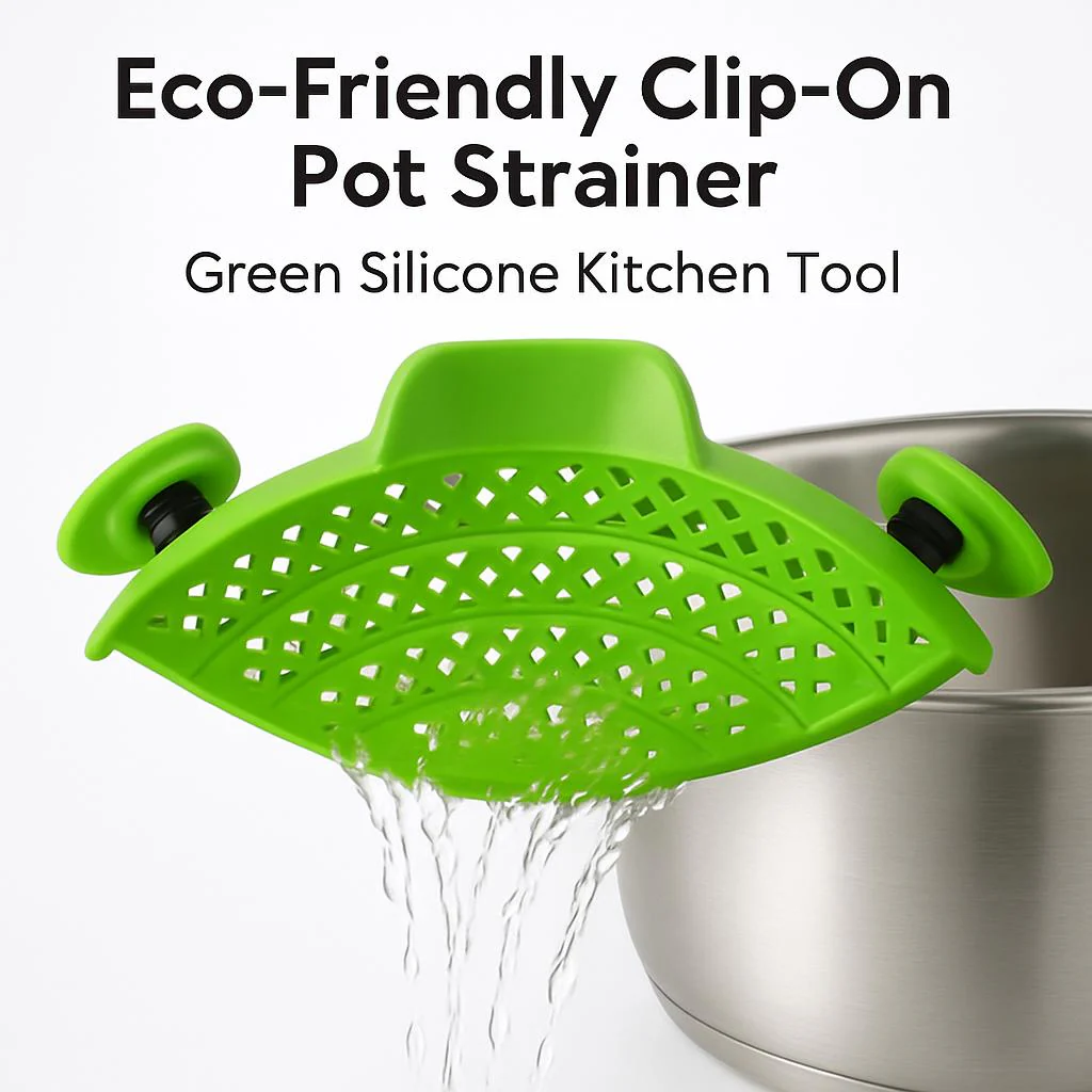 Eco-Friendly Clip-On Pot Strainer - Green Silicone Kitchen Tool - Image 17