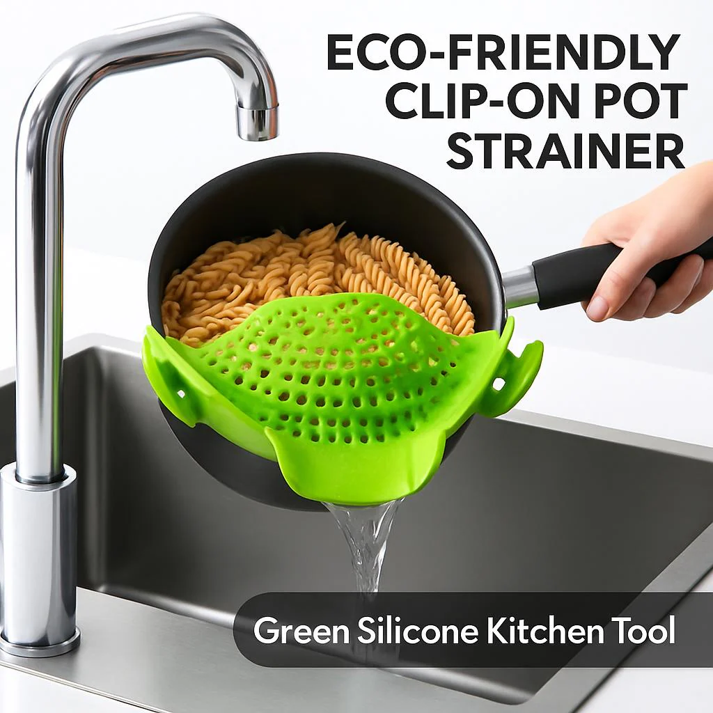 Eco-Friendly Clip-On Pot Strainer - Green Silicone Kitchen Tool - Image 2