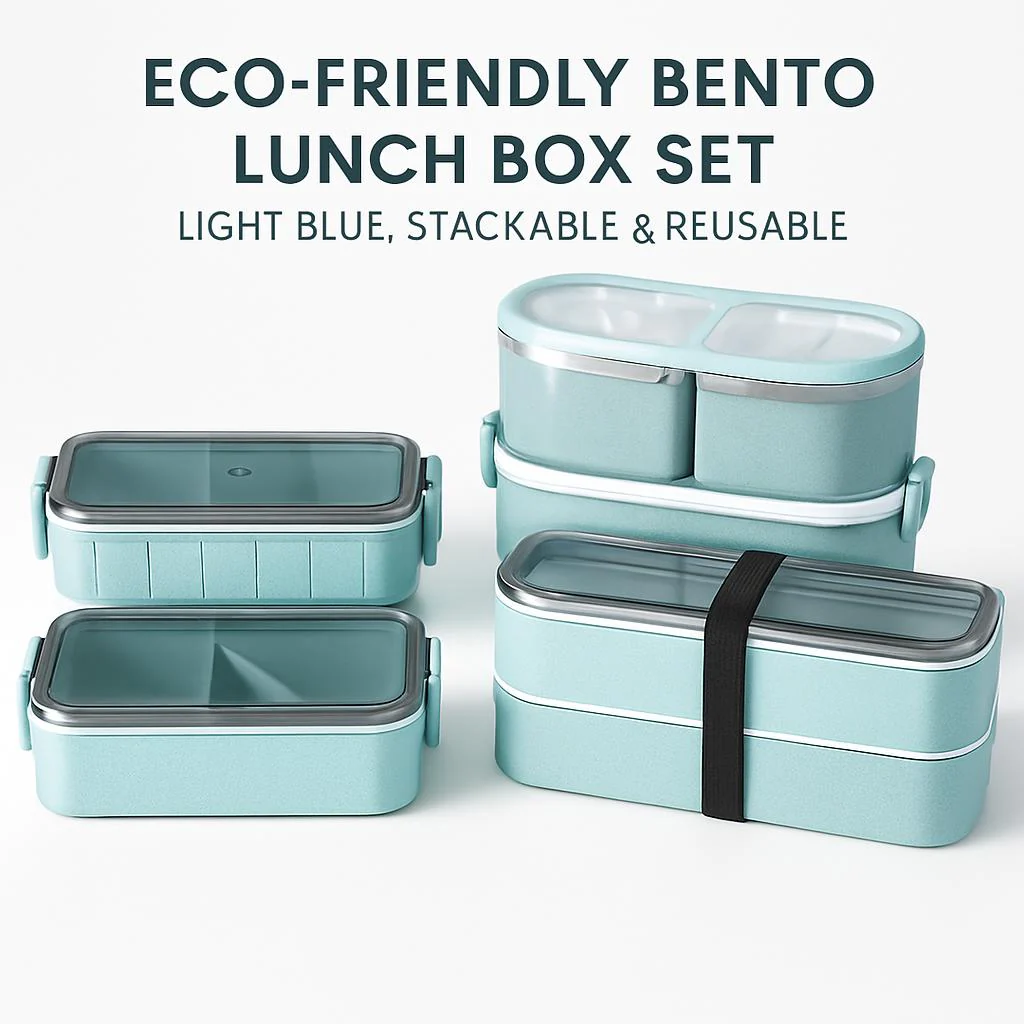Eco-Friendly Bento Lunch Box Set - Light Blue, Stackable & Reusable - Image 2