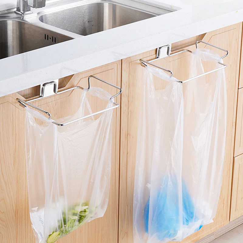 Stainless Steel Kitchen Hanging Trash Bag Rack – Silver & Black