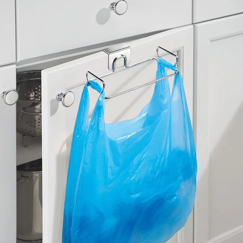 Stainless Steel Kitchen Hanging Trash Bag Rack – Silver & Black - Image 8