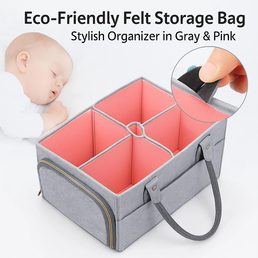Eco-Friendly Felt Storage Bag - Stylish Organizer in Gray & Pink - Image 2
