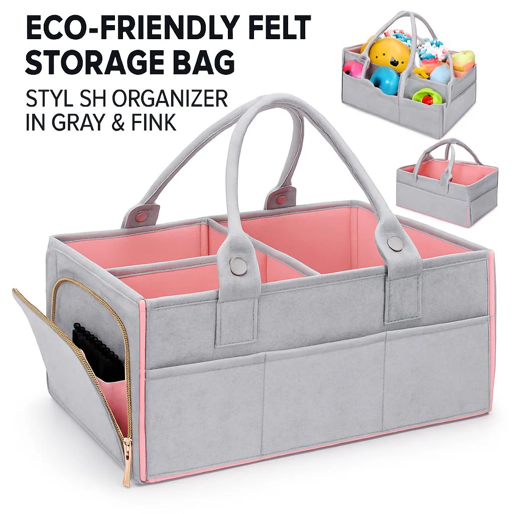 Eco-Friendly Felt Storage Bag - Stylish Organizer in Gray & Pink - Image 7