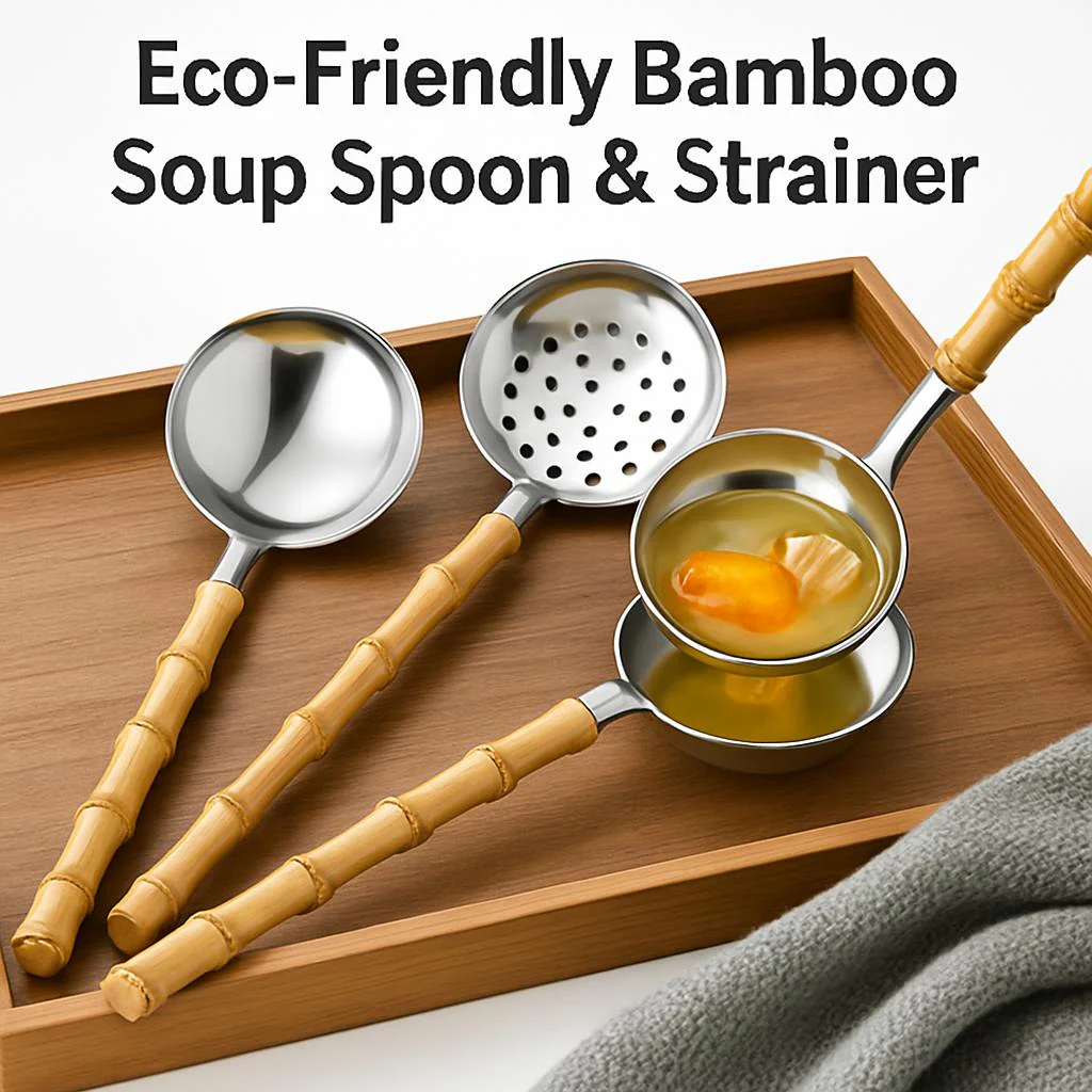 Eco-Friendly Bamboo Soup Spoon & Strainer - Image 3