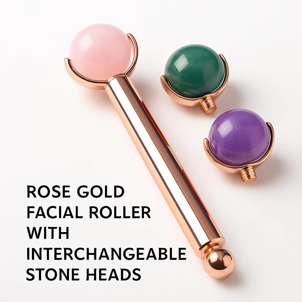 Rose Gold Facial Roller with Interchangeable Stone Heads - Image 2