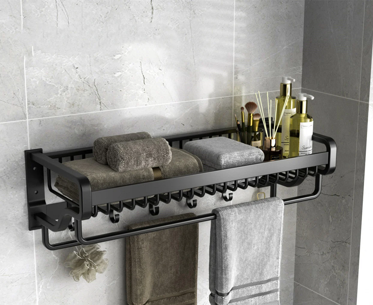 Wall-Mounted Space Aluminum Bathroom Shelf with Hooks (No Drill) - Image 7