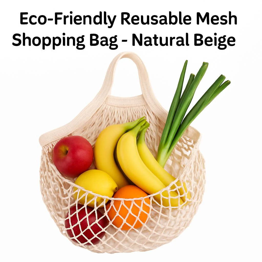 Eco-Friendly Reusable Mesh Shopping Bag - Natural Beige Cotton - Image 2