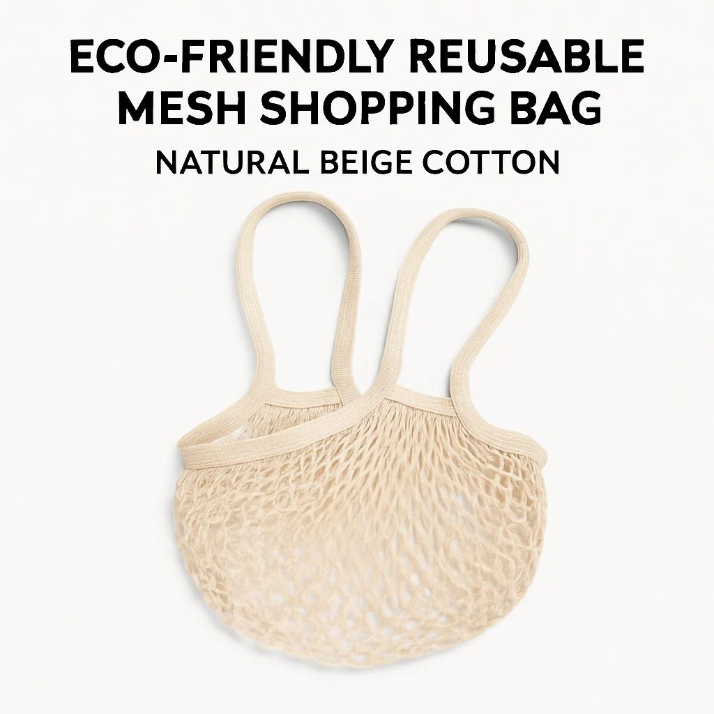 Eco-Friendly Reusable Mesh Shopping Bag - Natural Beige Cotton - Image 3