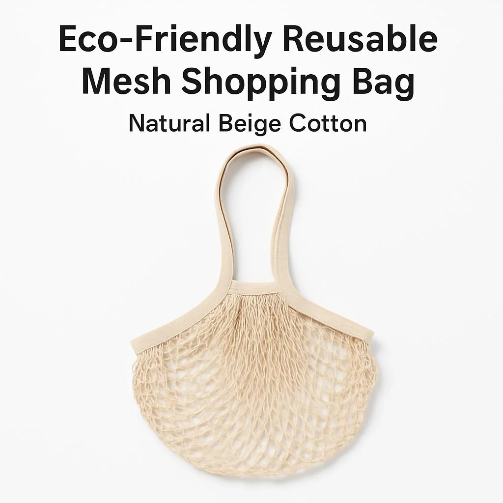 Eco-Friendly Reusable Mesh Shopping Bag - Natural Beige Cotton - Image 4