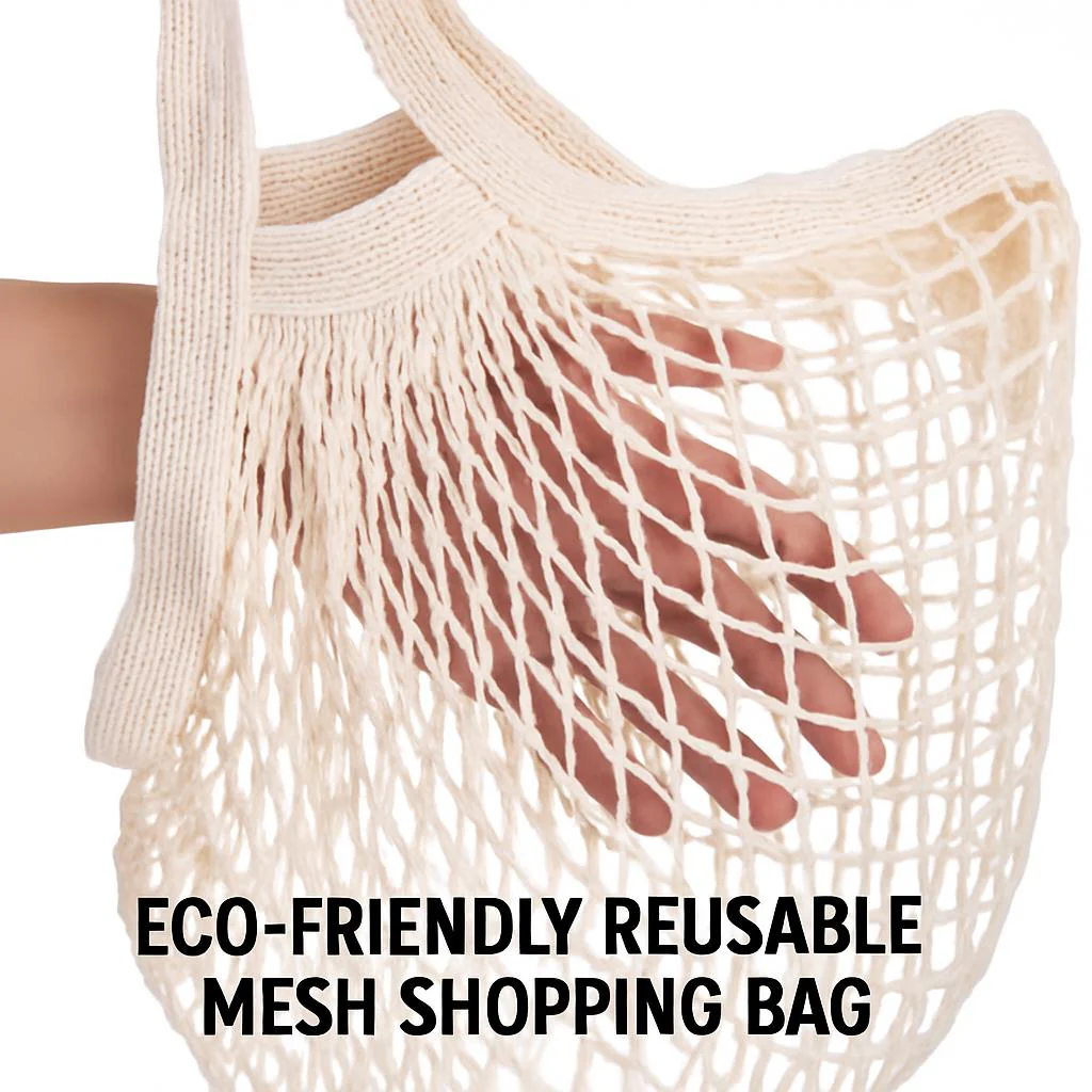 Eco-Friendly Reusable Mesh Shopping Bag - Natural Beige Cotton - Image 5