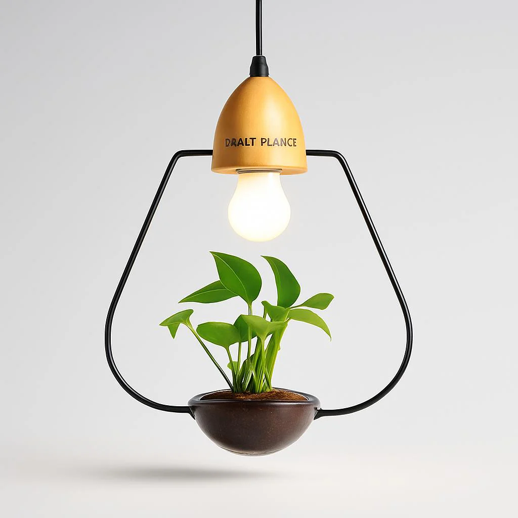 Teardrop Hanging Light Fixture with Integrated Planter - Black Frame, Wooden Accent