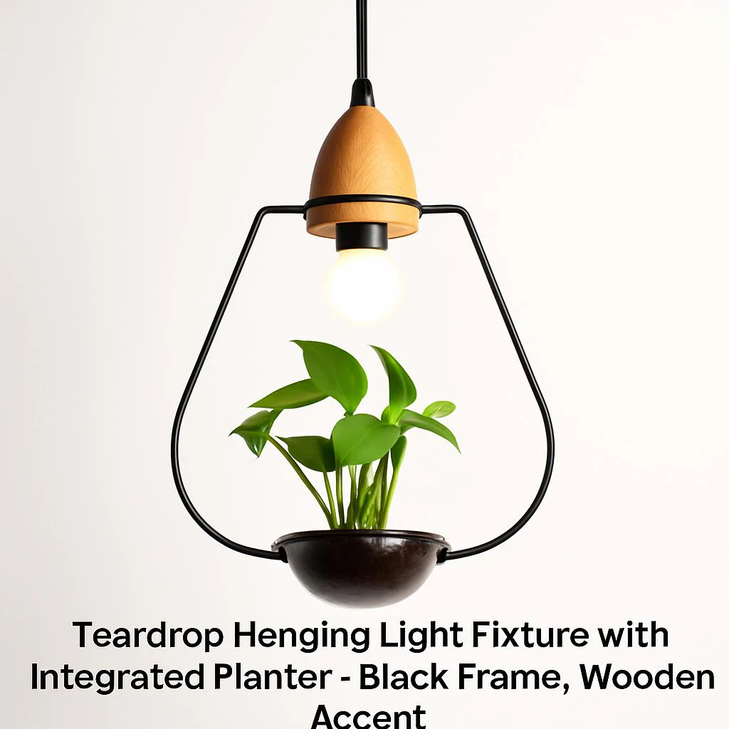 Teardrop Hanging Light Fixture with Integrated Planter - Black Frame, Wooden Accent - Image 2