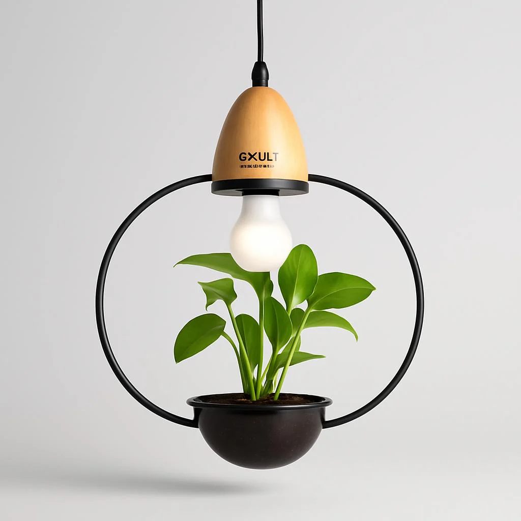 Teardrop Hanging Light Fixture with Integrated Planter - Black Frame, Wooden Accent - Image 3