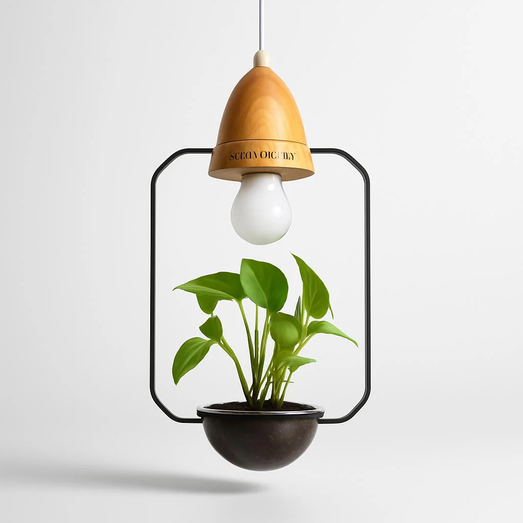 Teardrop Hanging Light Fixture with Integrated Planter - Black Frame, Wooden Accent - Image 4