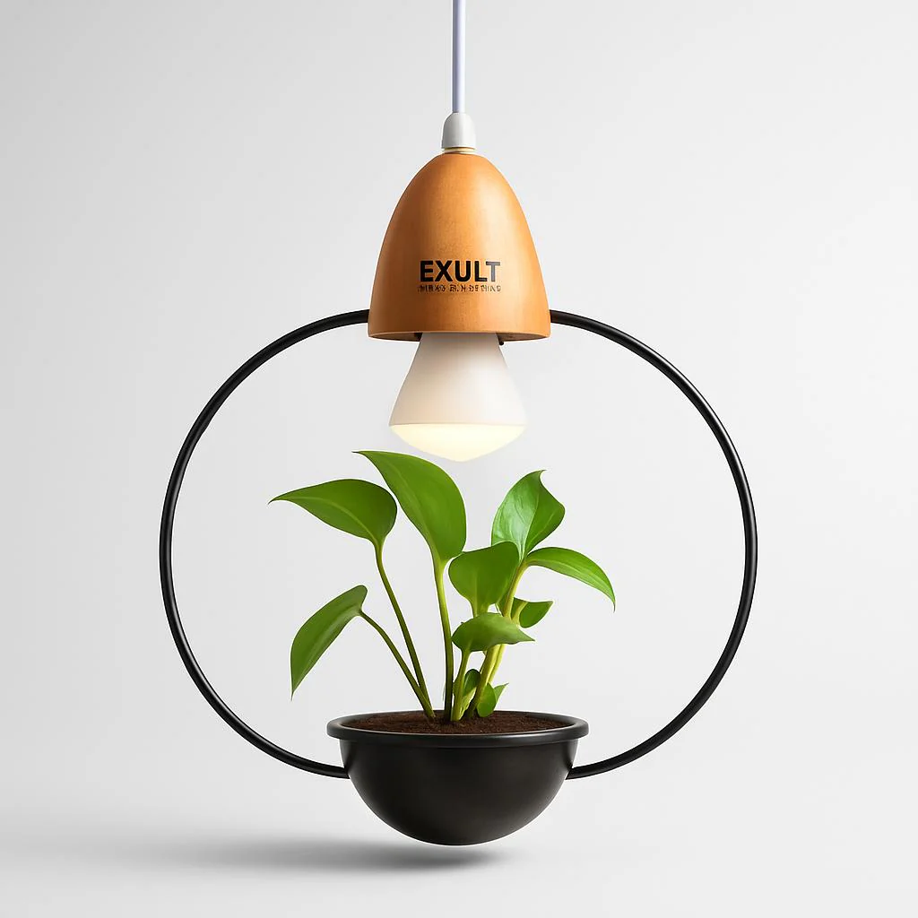 Teardrop Hanging Light Fixture with Integrated Planter - Black Frame, Wooden Accent - Image 5