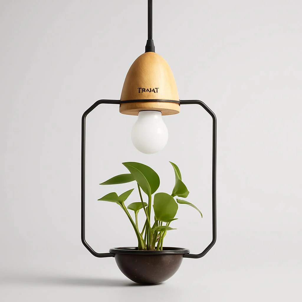 Teardrop Hanging Light Fixture with Integrated Planter - Black Frame, Wooden Accent - Image 6