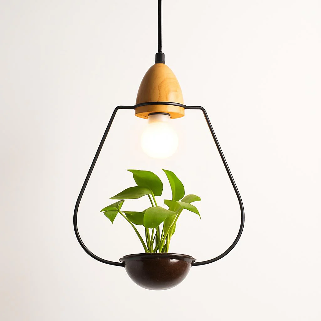 Teardrop Hanging Light Fixture with Integrated Planter - Black Frame, Wooden Accent - Image 8