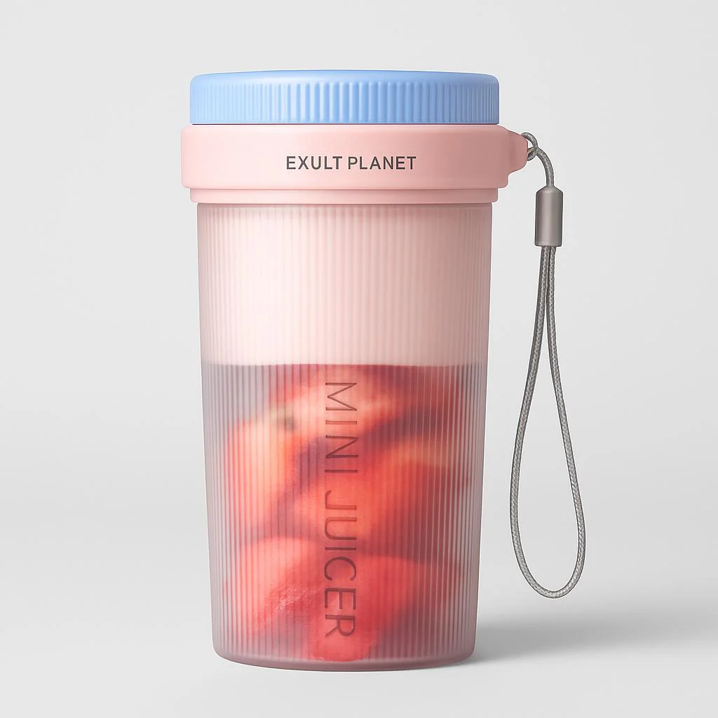 Portable Mini Juicer Blender - Light Pink with Blue Lid - Image 7