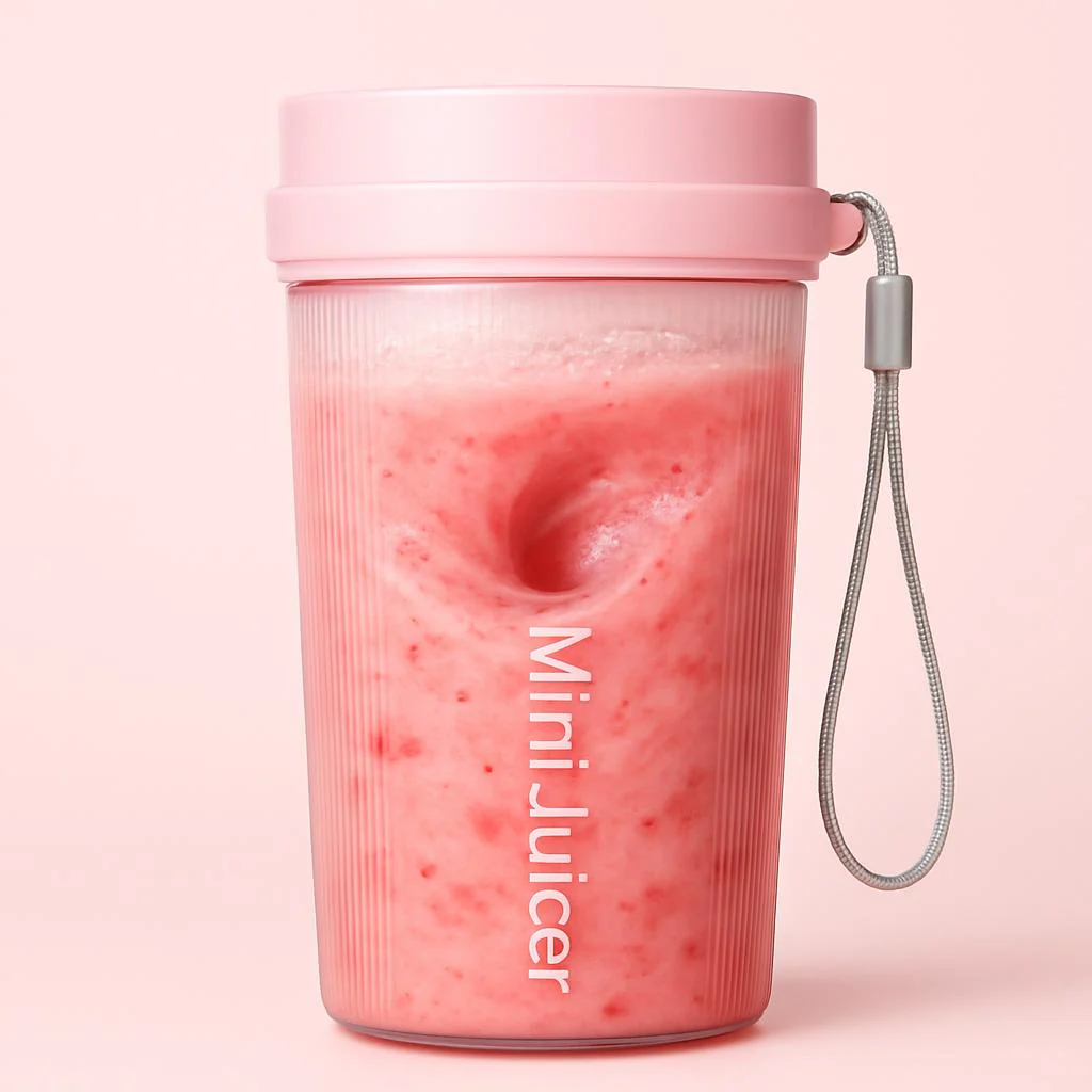 Portable Mini Juicer Blender - Light Pink with Blue Lid - Image 8