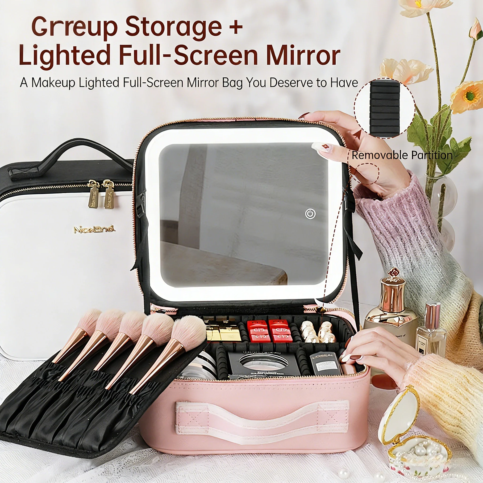 Portable LED Makeup Bag with Mirror&Light Large Capacity Travel Cosmetic Organizer Professional Handheld Cosmetic Storage Box - Image 3