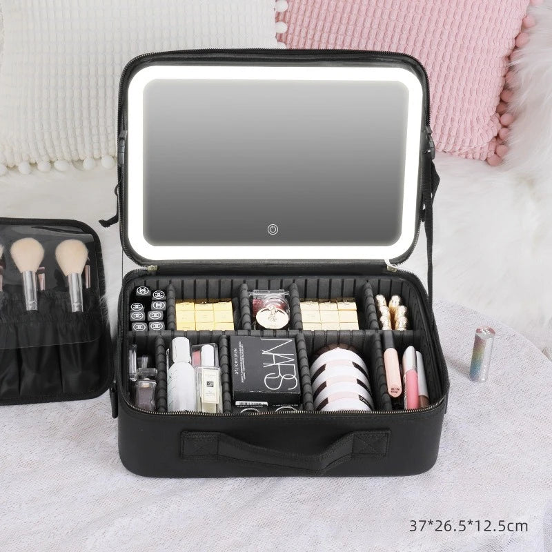 Portable LED Makeup Bag with Mirror&Light Large Capacity Travel Cosmetic Organizer Professional Handheld Cosmetic Storage Box - Image 5