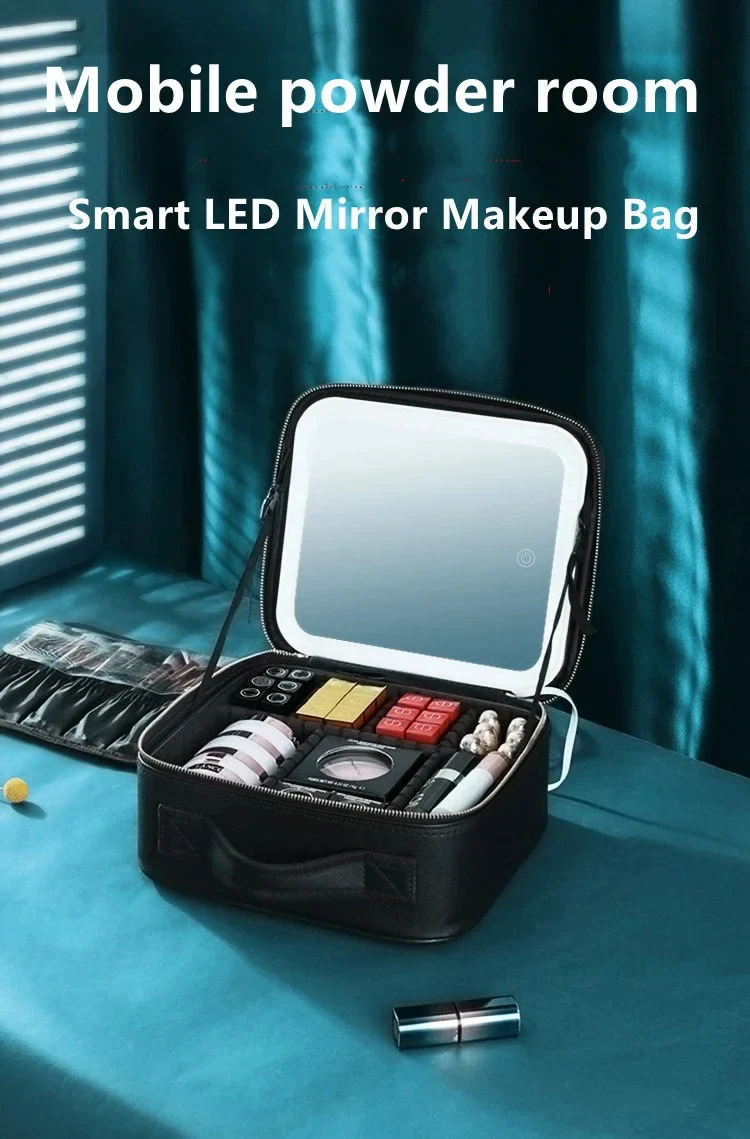 Portable LED Makeup Bag with Mirror&Light Large Capacity Travel Cosmetic Organizer Professional Handheld Cosmetic Storage Box - Image 6