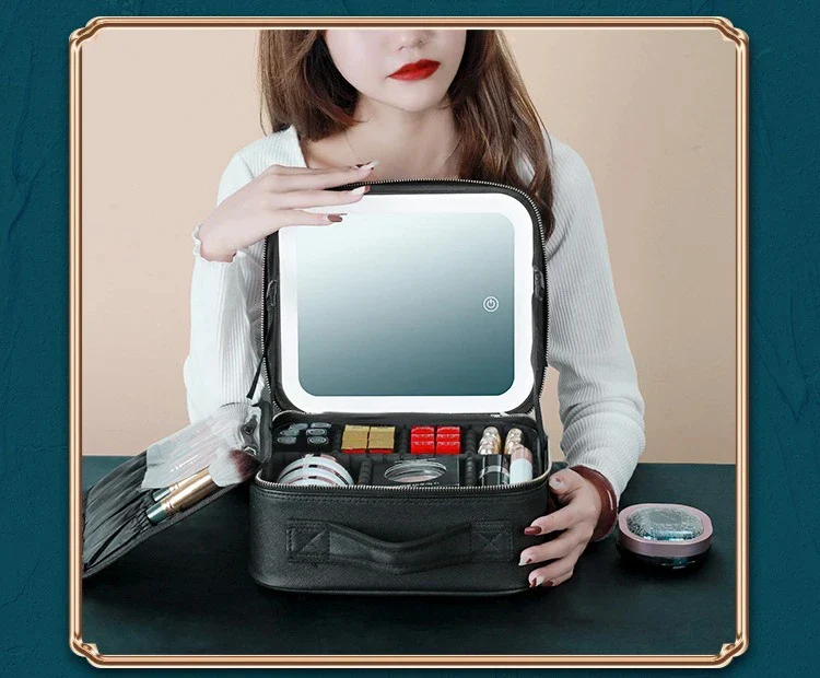 Portable LED Makeup Bag with Mirror&Light Large Capacity Travel Cosmetic Organizer Professional Handheld Cosmetic Storage Box - Image 7
