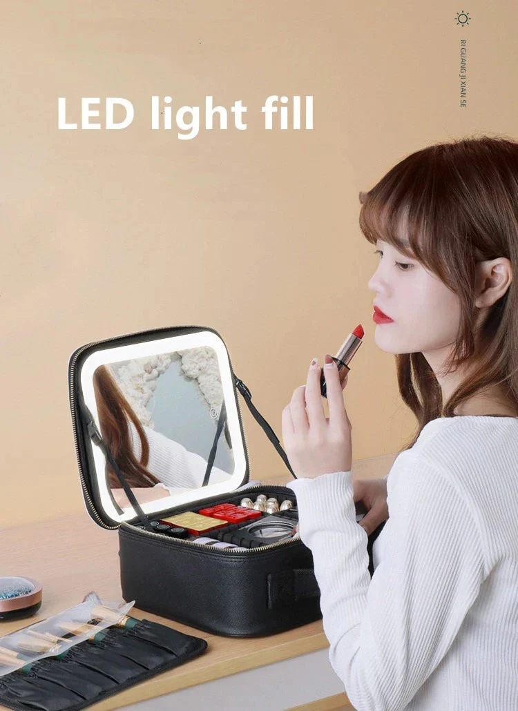 Portable LED Makeup Bag with Mirror&Light Large Capacity Travel Cosmetic Organizer Professional Handheld Cosmetic Storage Box - Image 8