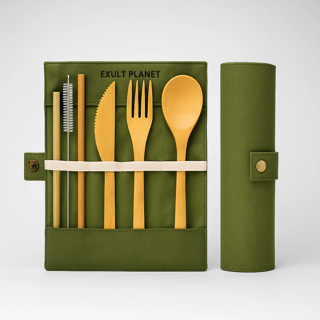 Eco-Friendly Bamboo Cutlery Set with Green Case - Reusable & Portable