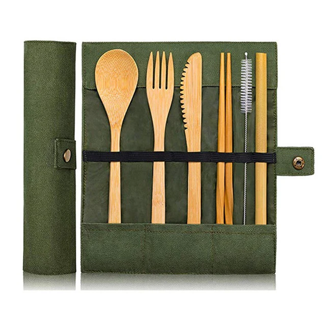 Eco-Friendly Bamboo Cutlery Set with Green Case - Reusable & Portable - Image 14