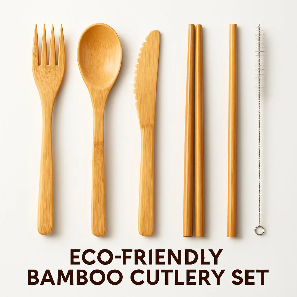 Eco-Friendly Bamboo Cutlery Set with Green Case - Reusable & Portable - Image 5