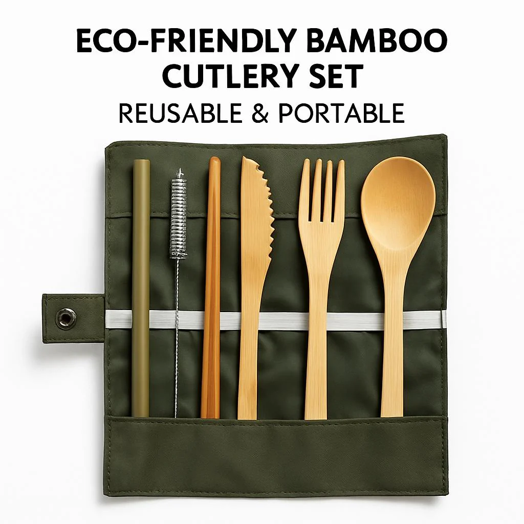 Eco-Friendly Bamboo Cutlery Set with Green Case - Reusable & Portable - Image 6