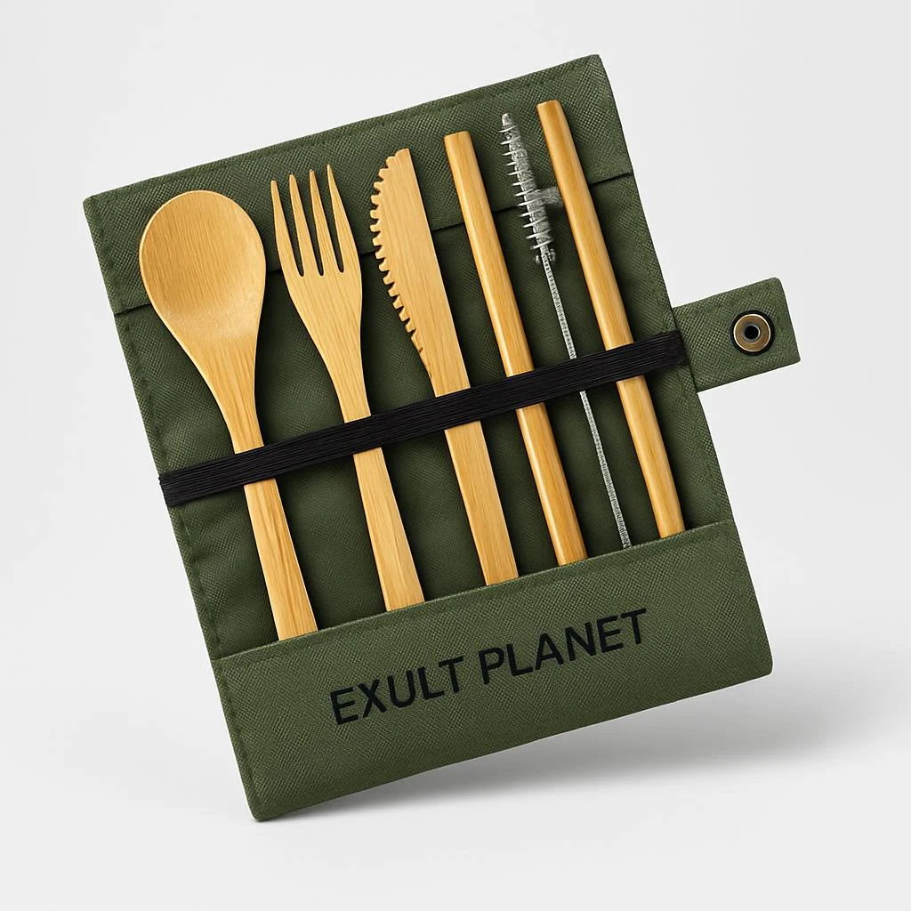 Eco-Friendly Bamboo Cutlery Set with Green Case - Reusable & Portable - Image 8