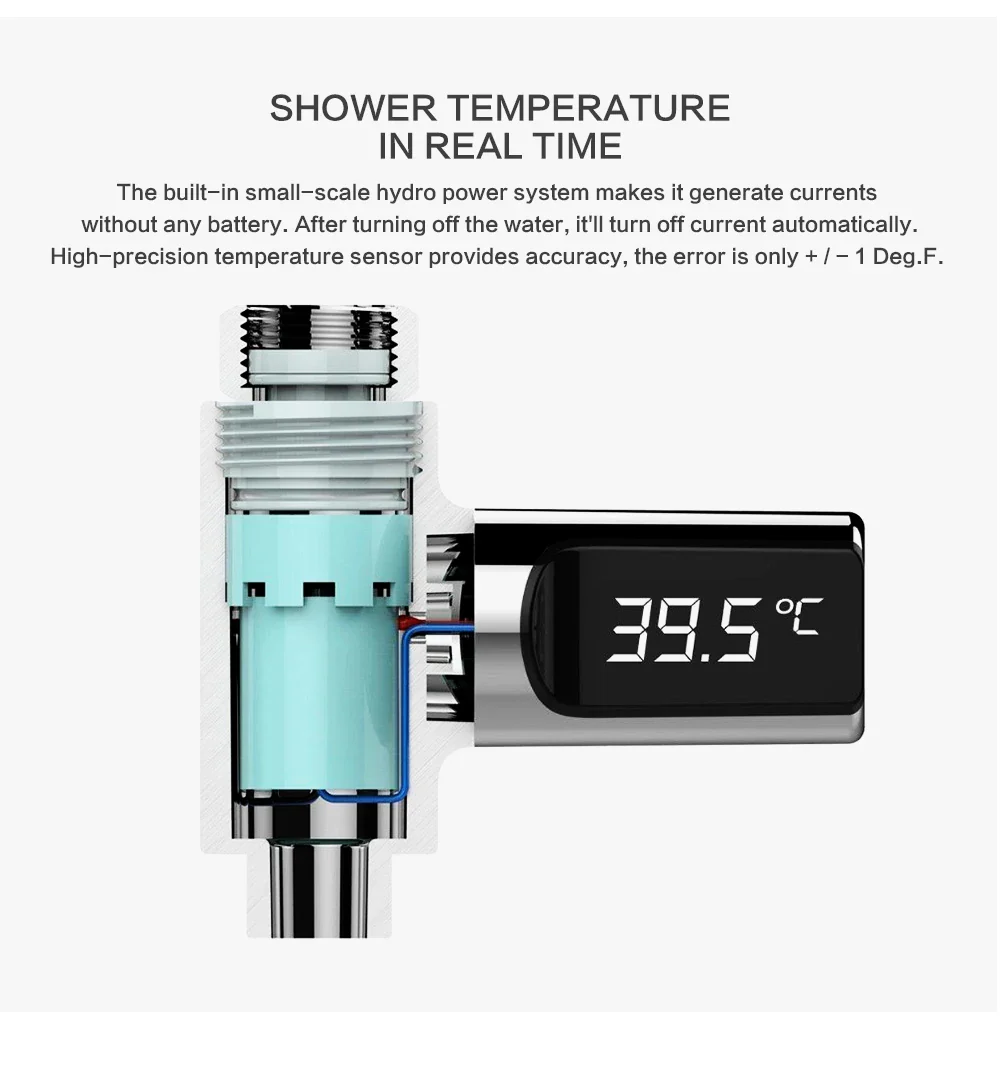 Smart LED Digital Shower Thermometer Kitchen Bathroom Faucet Shower Water Thermometer 360° Rotating Water Flow Power Generation - Image 10