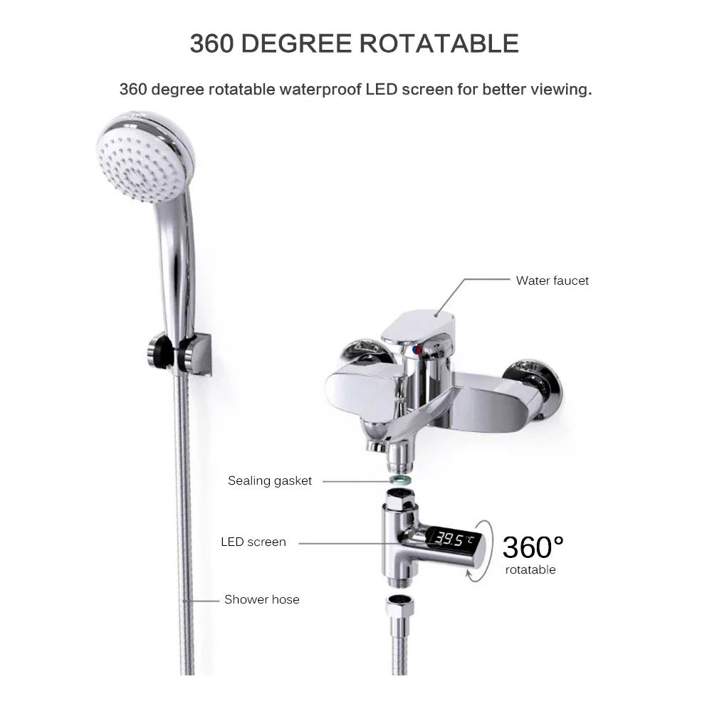 Smart LED Digital Shower Thermometer Kitchen Bathroom Faucet Shower Water Thermometer 360° Rotating Water Flow Power Generation - Image 11