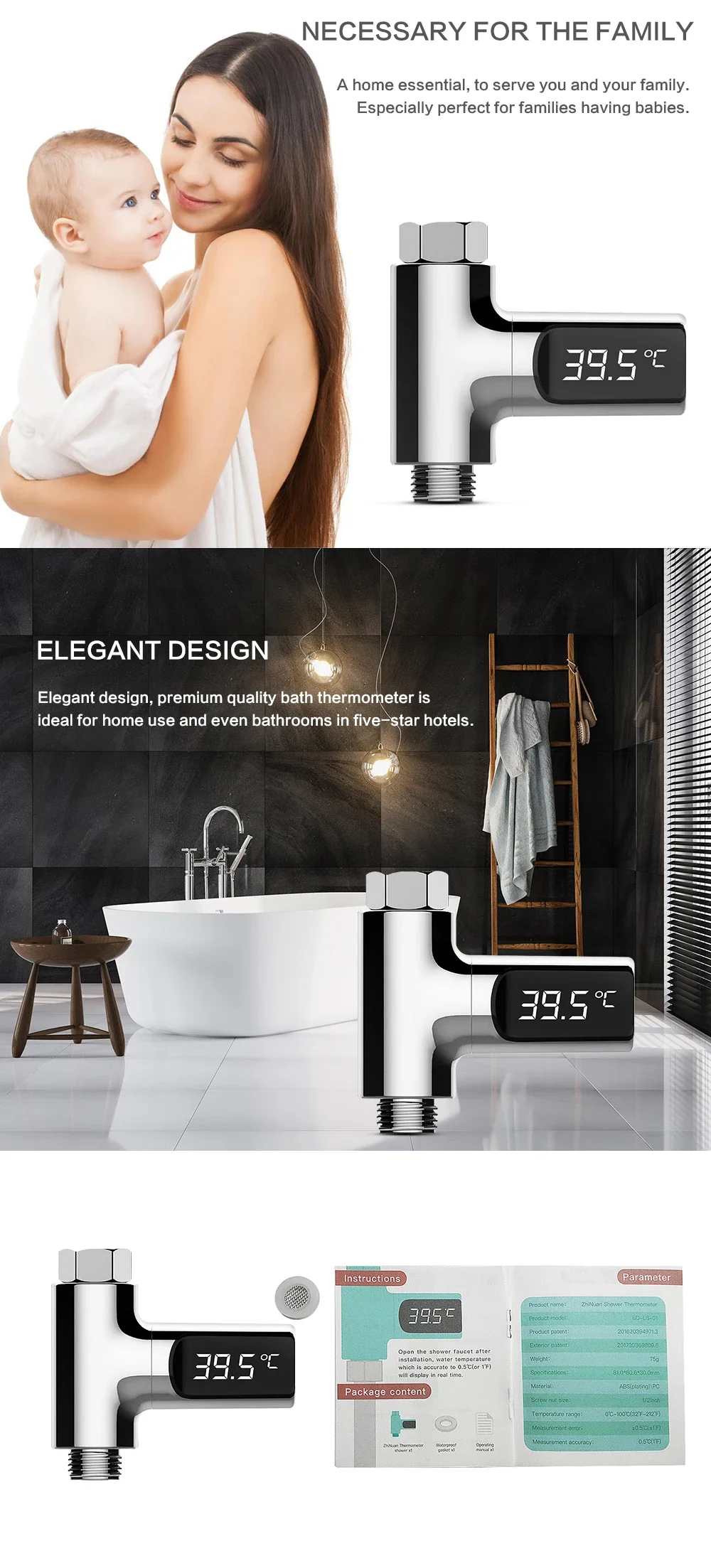 Smart LED Digital Shower Thermometer Kitchen Bathroom Faucet Shower Water Thermometer 360° Rotating Water Flow Power Generation - Image 14