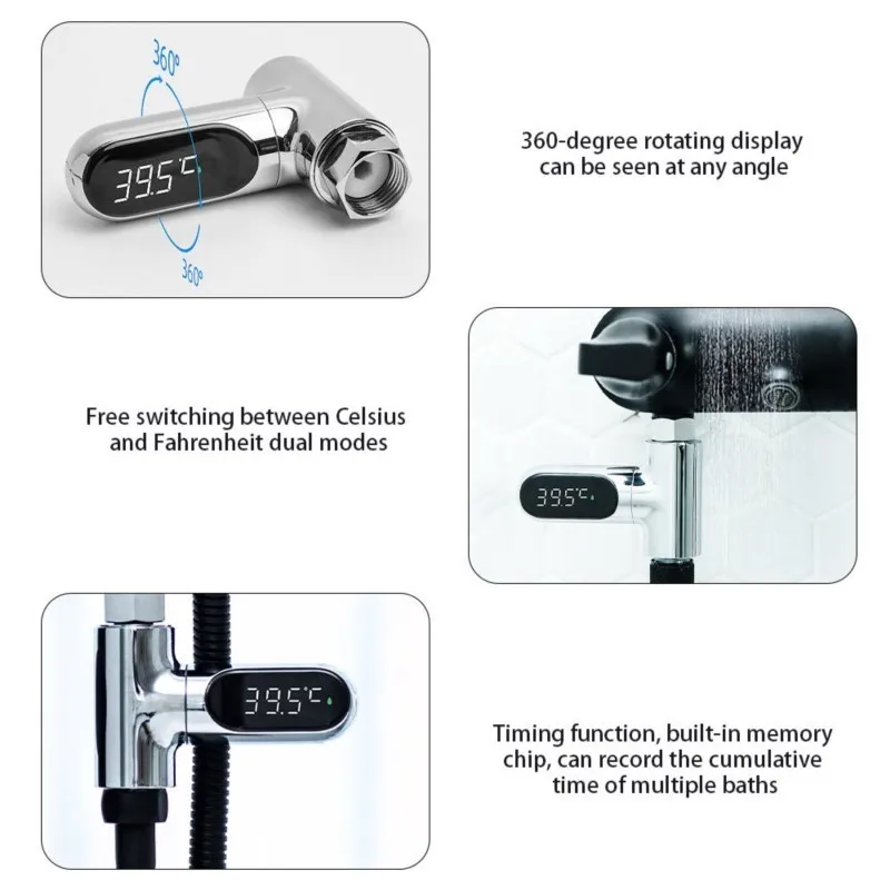 Smart LED Digital Shower Thermometer Kitchen Bathroom Faucet Shower Water Thermometer 360° Rotating Water Flow Power Generation - Image 5