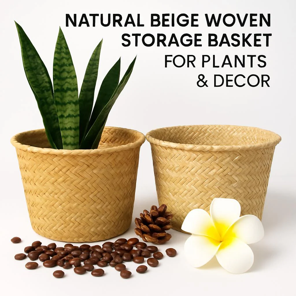 Natural Beige Woven Storage Basket for Plants & Decor - Image 4