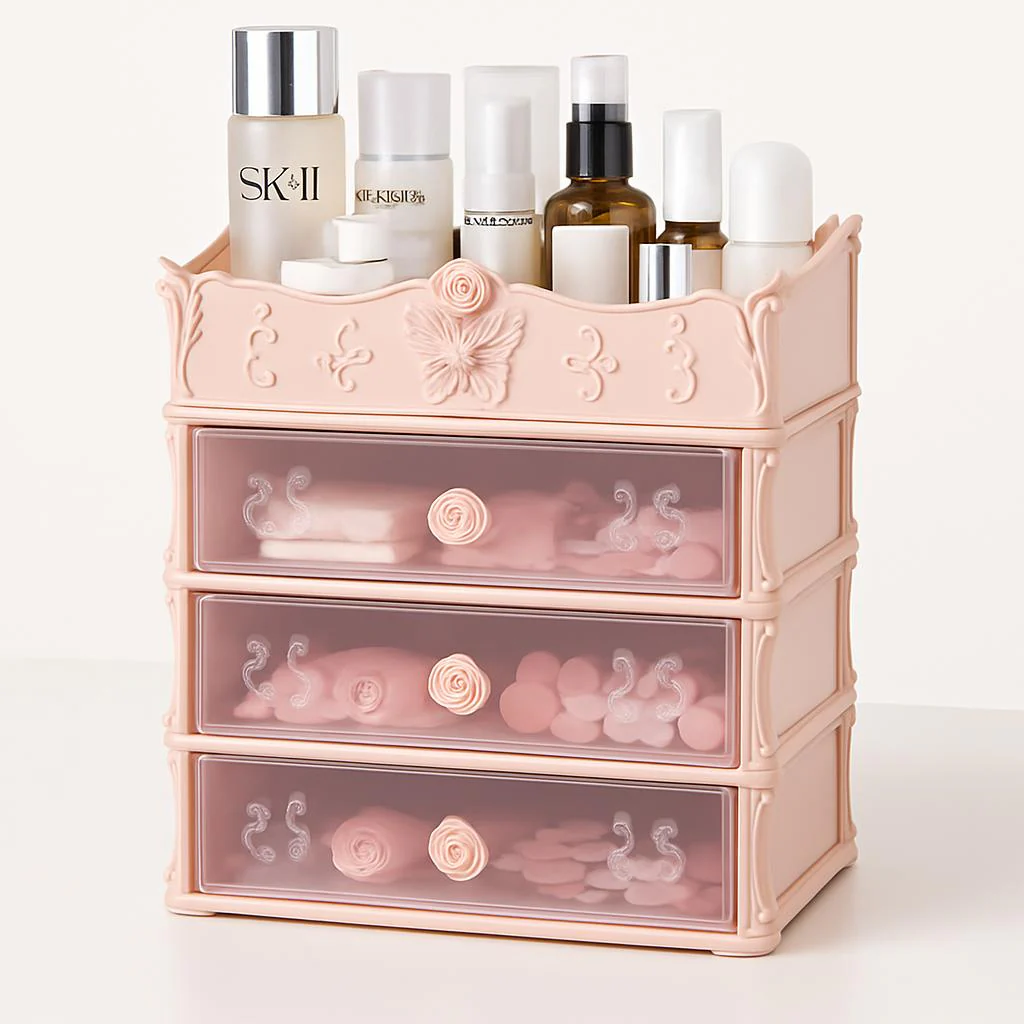 Pink Rectangular Cosmetic Organizer with Drawers for Clutter-Free Spaces - Image 2