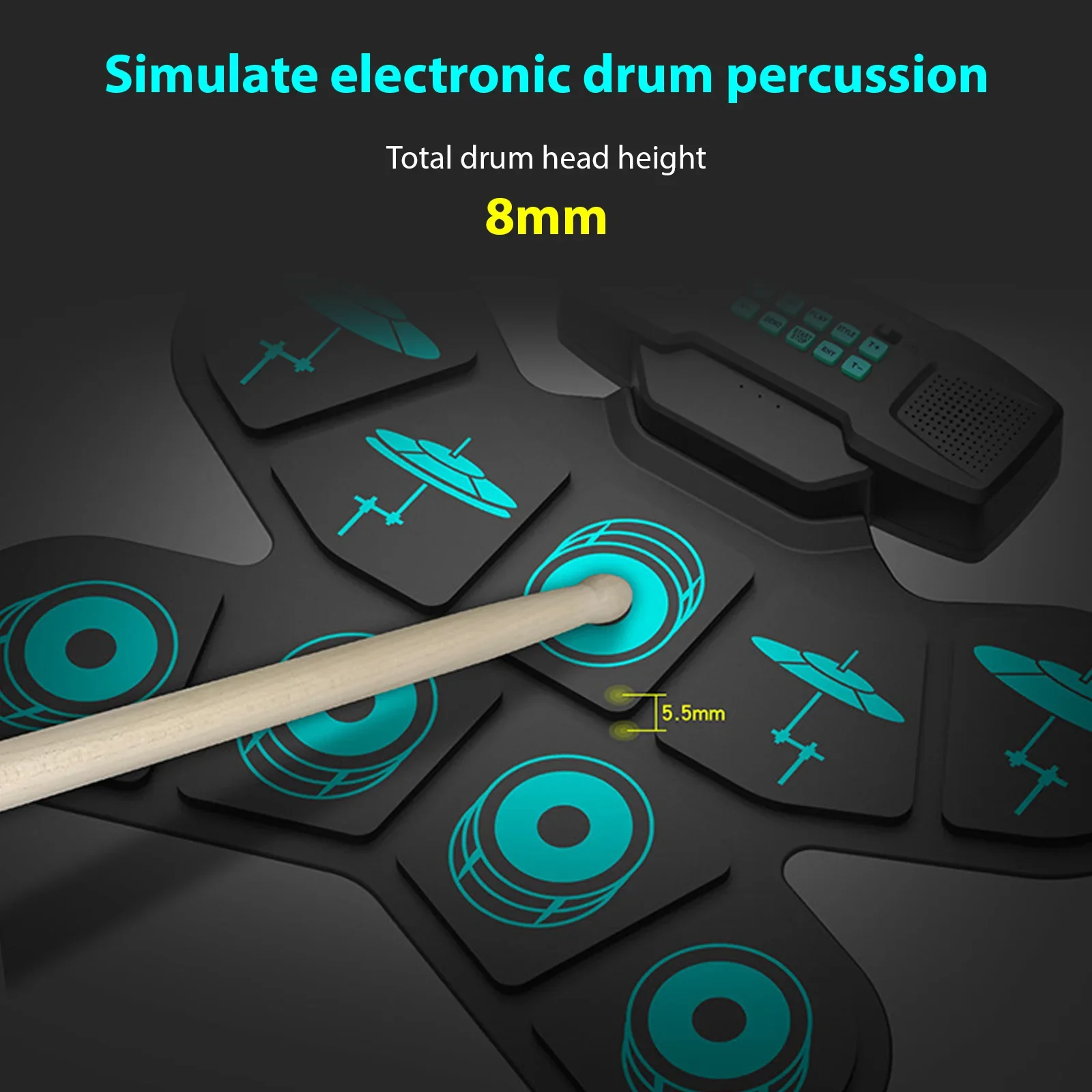 WGS505 Electronic Drum Set 9 Pads Hand Roll Drum with Dual Speaker Rechargeable Practice Drum Kit + Drumsticks + Foot Pedal - Image 10