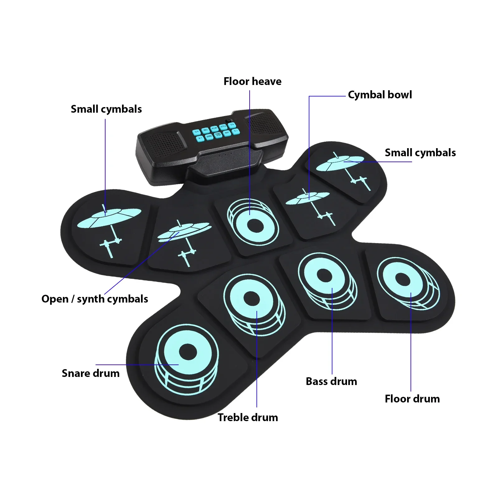 WGS505 Electronic Drum Set 9 Pads Hand Roll Drum with Dual Speaker Rechargeable Practice Drum Kit + Drumsticks + Foot Pedal - Image 11