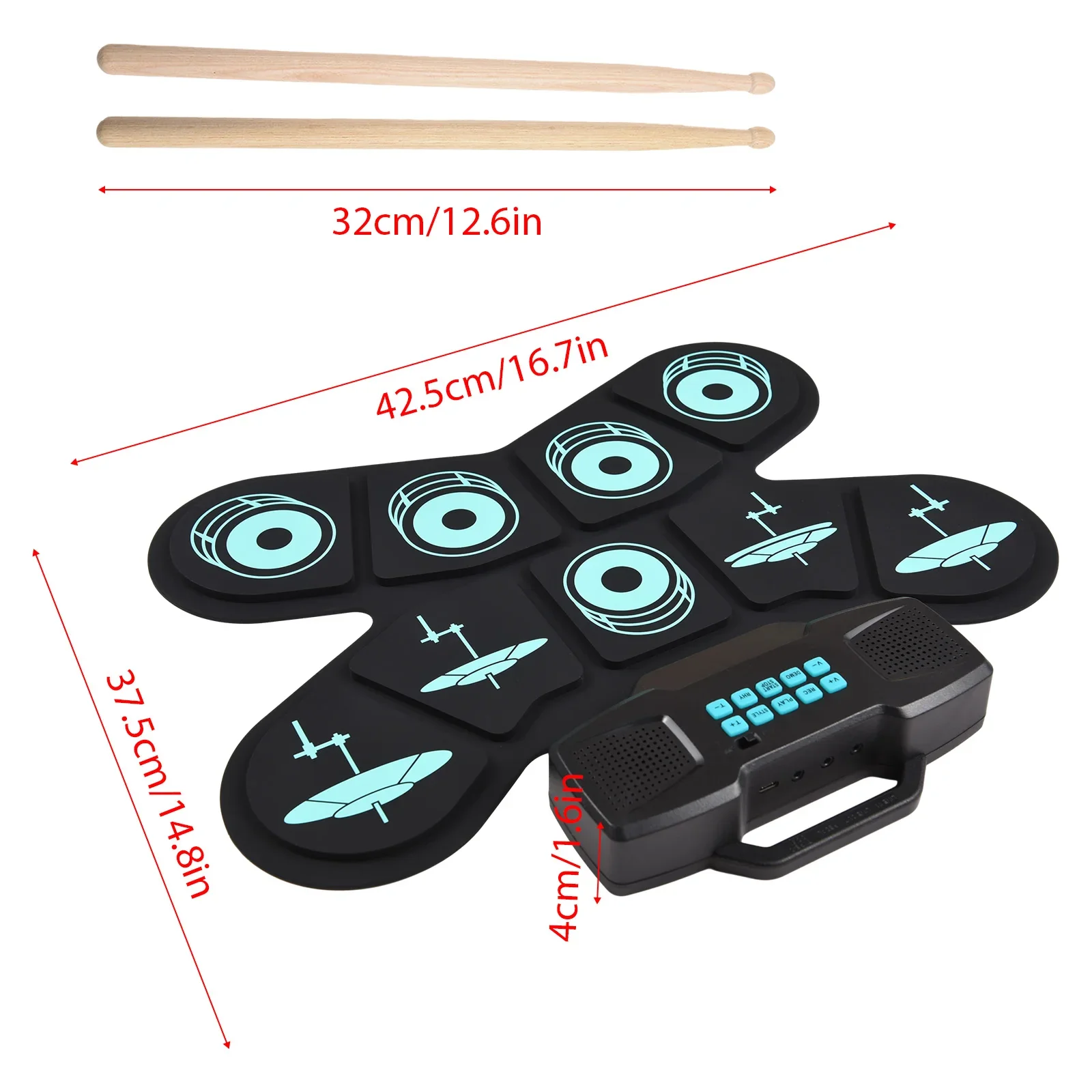 WGS505 Electronic Drum Set 9 Pads Hand Roll Drum with Dual Speaker Rechargeable Practice Drum Kit + Drumsticks + Foot Pedal - Image 13