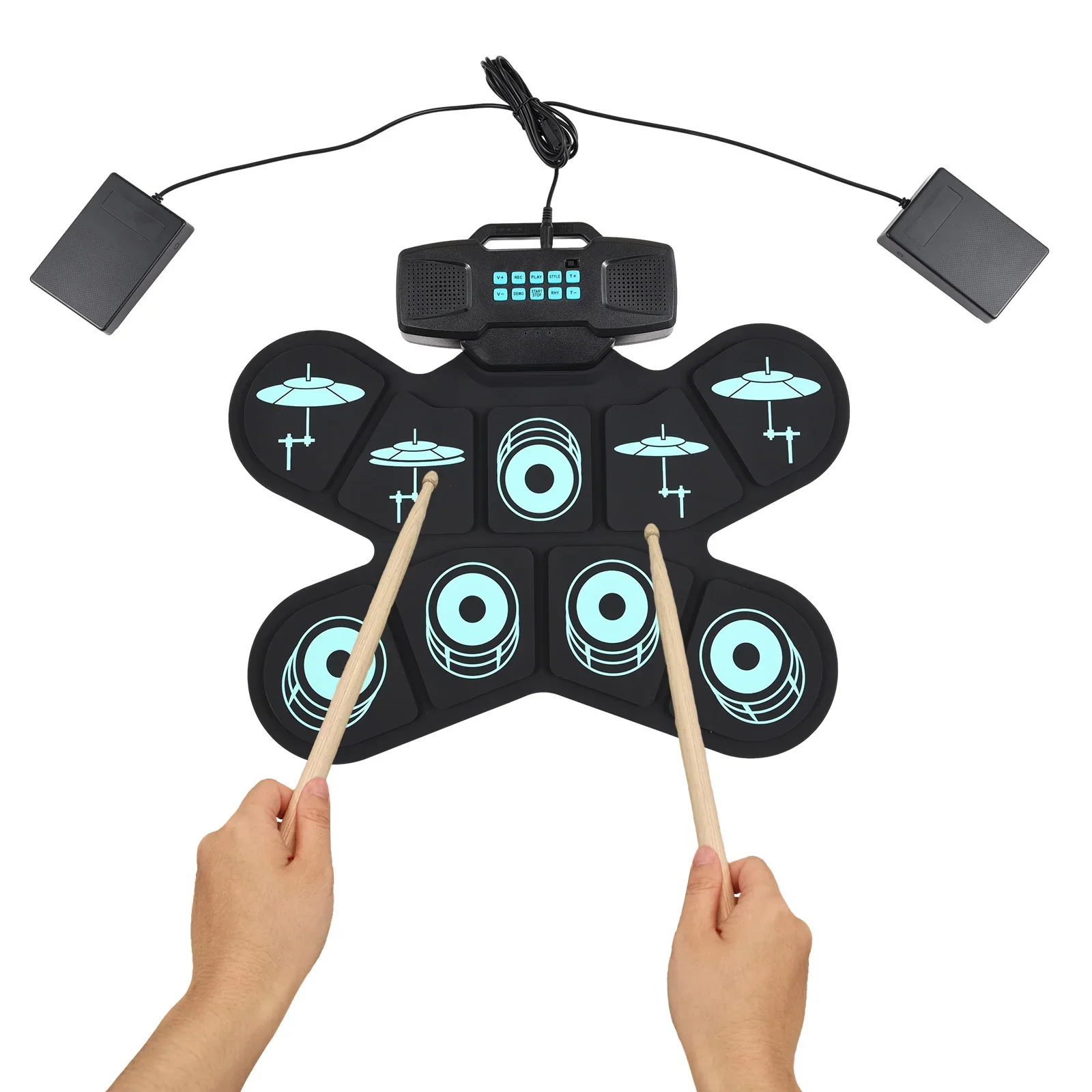 WGS505 Electronic Drum Set 9 Pads Hand Roll Drum with Dual Speaker Rechargeable Practice Drum Kit + Drumsticks + Foot Pedal - Image 14