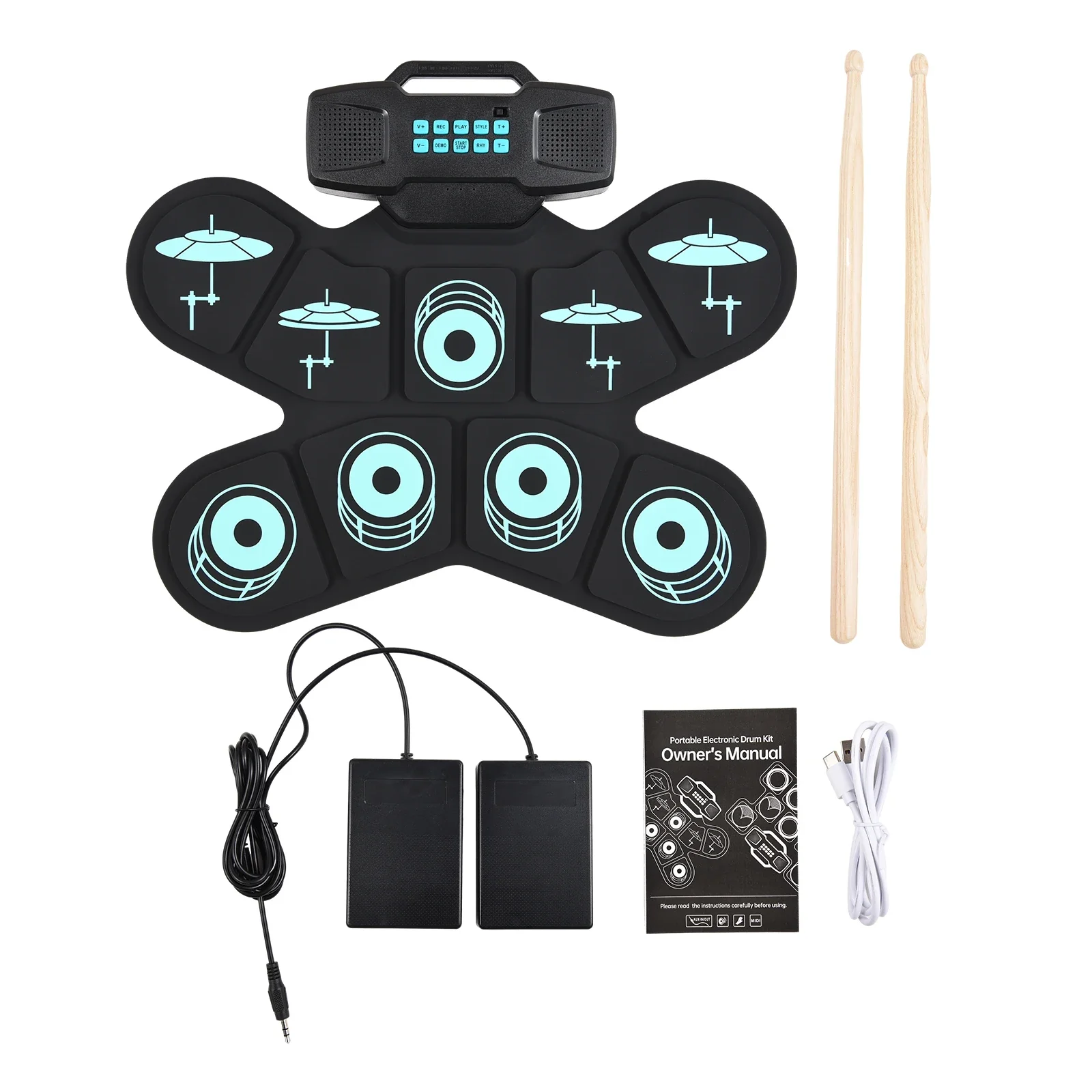 WGS505 Electronic Drum Set 9 Pads Hand Roll Drum with Dual Speaker Rechargeable Practice Drum Kit + Drumsticks + Foot Pedal - Image 16