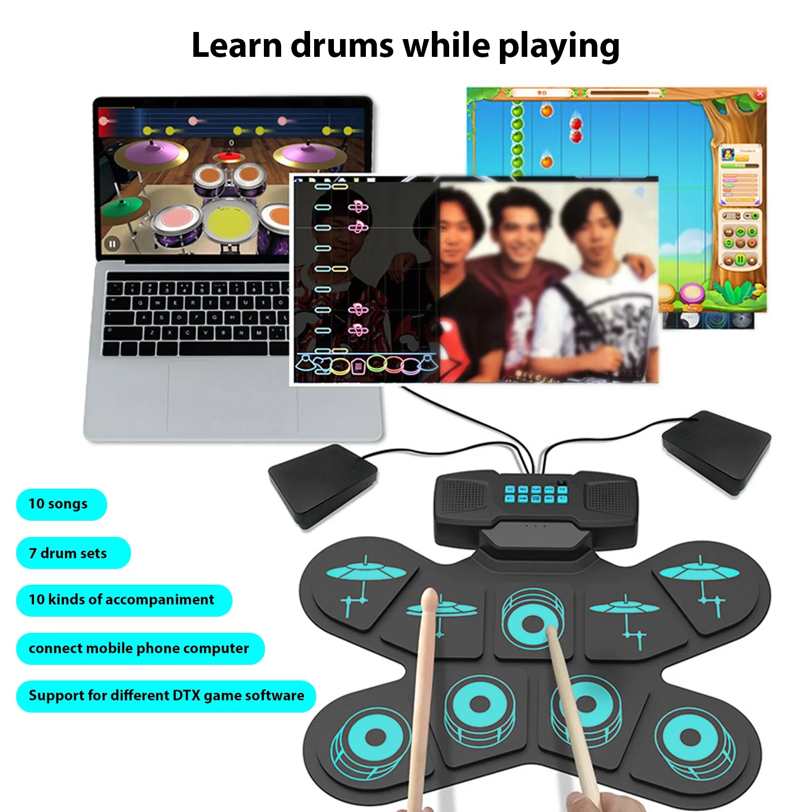 WGS505 Electronic Drum Set 9 Pads Hand Roll Drum with Dual Speaker Rechargeable Practice Drum Kit + Drumsticks + Foot Pedal - Image 5