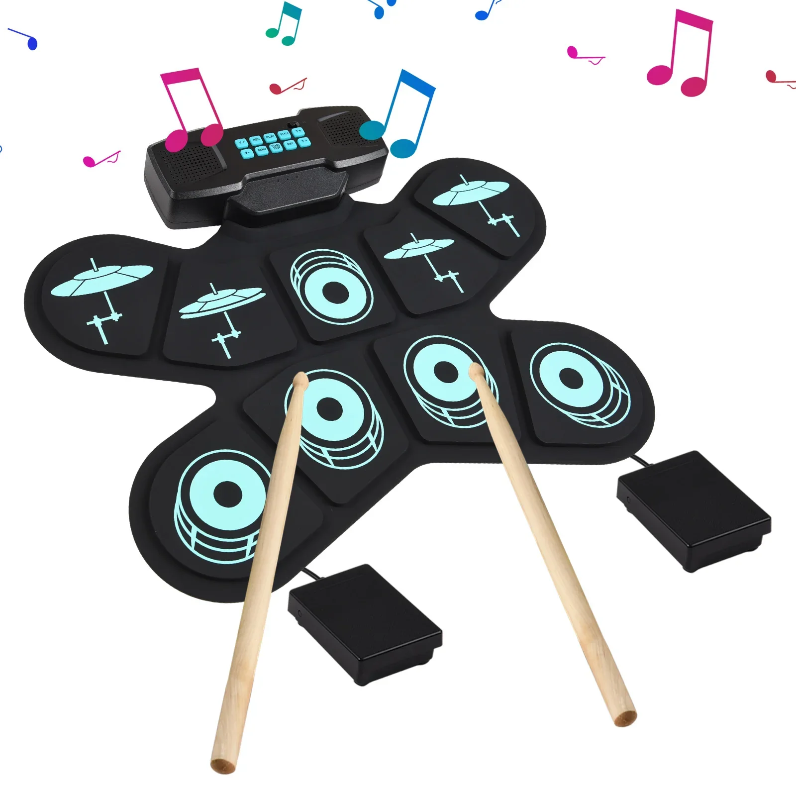 WGS505 Electronic Drum Set 9 Pads Hand Roll Drum with Dual Speaker Rechargeable Practice Drum Kit + Drumsticks + Foot Pedal - Image 9