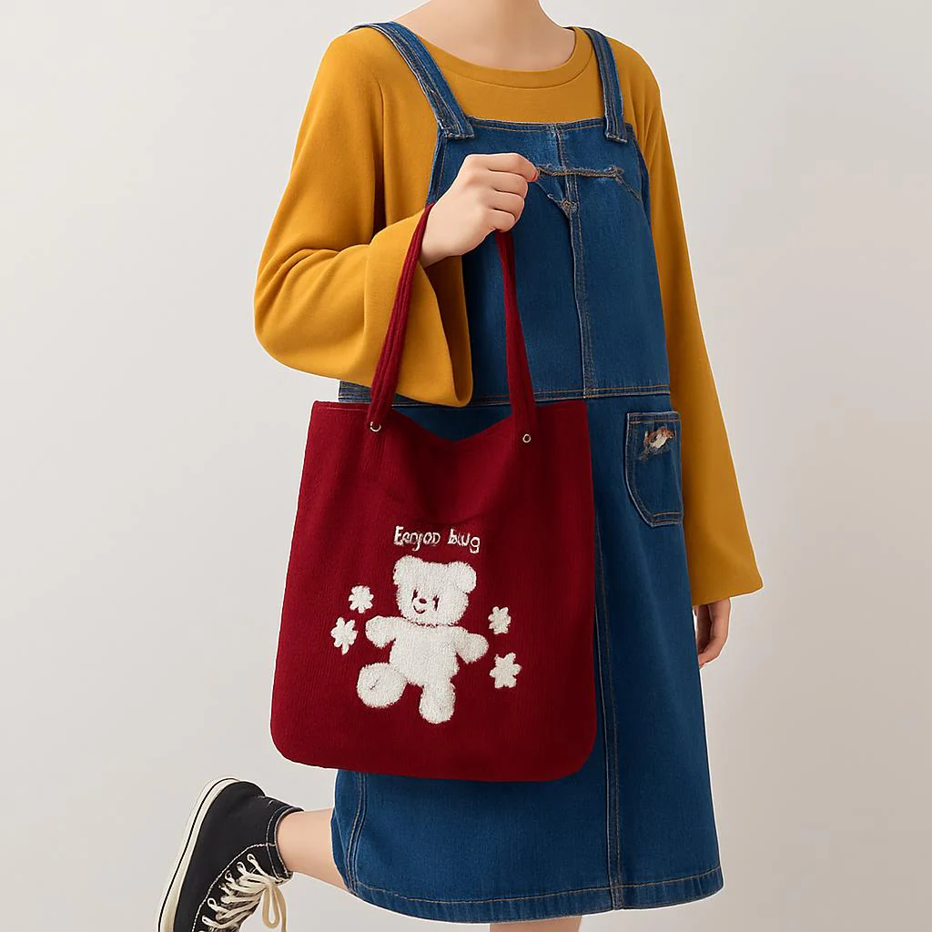 Eco-Friendly Corduroy Tote Bag with Lucky Bears Embroidery - Image 8