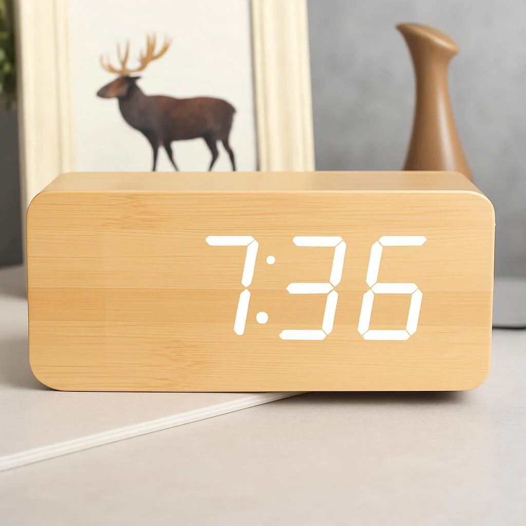 Eco-Friendly Wooden Digital Alarm Clock with LED Display - Image 2
